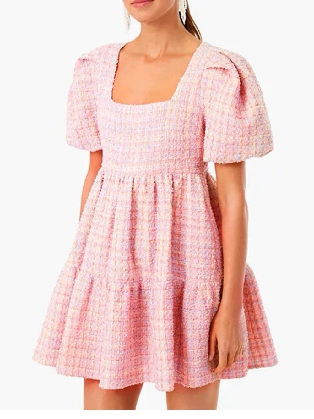NWT Hyacinth House Puff Sleeves Pink Tweed by Tuckernuck Nora Dress Sz L